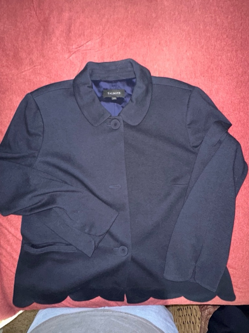 Talbots Navy Scallop-Trim Rounded Collar Jacket